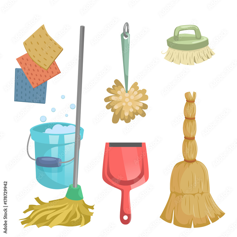 Cartoon trendy cleaning service icons set. Natural broom, red dustpan, mop,  dust feather and clothes. Stock Vector | Adobe Stock