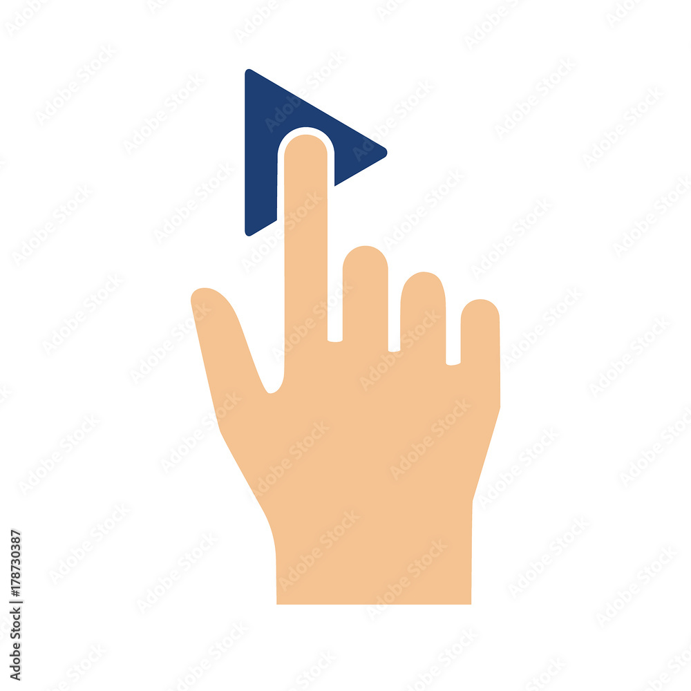 Augmented reality vector illustration - hand clicking on play button - Blue and skin color Augmented reality vector illustration - hand clicking on play button - Blue and skin color