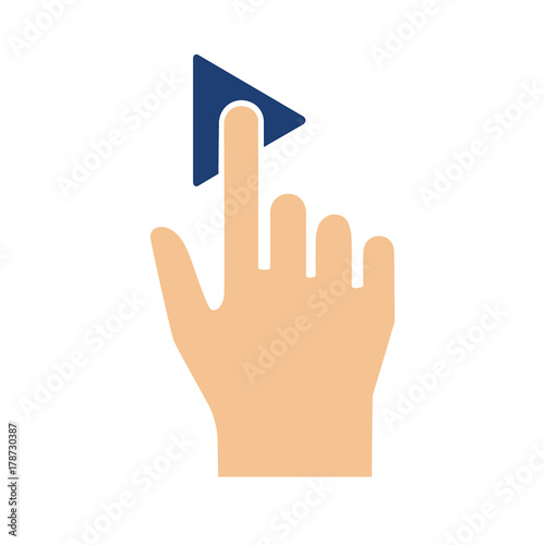 Augmented reality vector illustration - hand clicking on play button - Blue and skin color