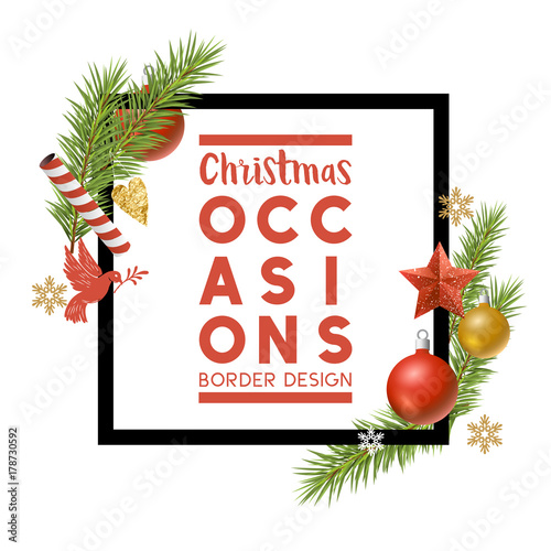 Christmas ornaments composition border frame with room for a personalised message. Vector illustration