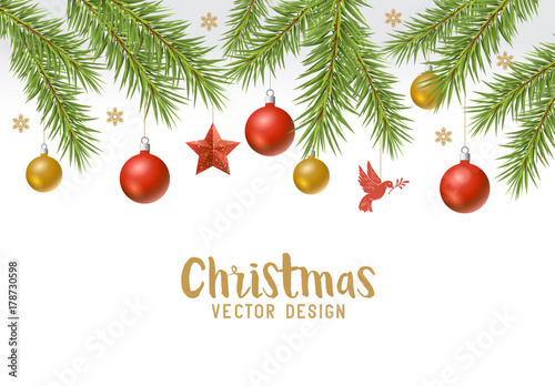 Hanging Christmas decorations composition with fir tree branches, wooden stars and xmas baubles. Vector illustration
