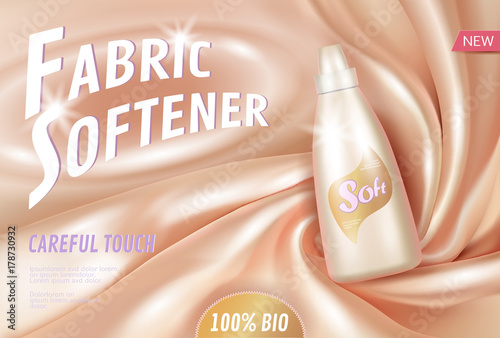 Fabric softener 3d realistic promotional poster template. Clean household chemical organic product. Delicate silk clothes pink golden glowing plastic bottle mockup. Laundry ad vector illustration