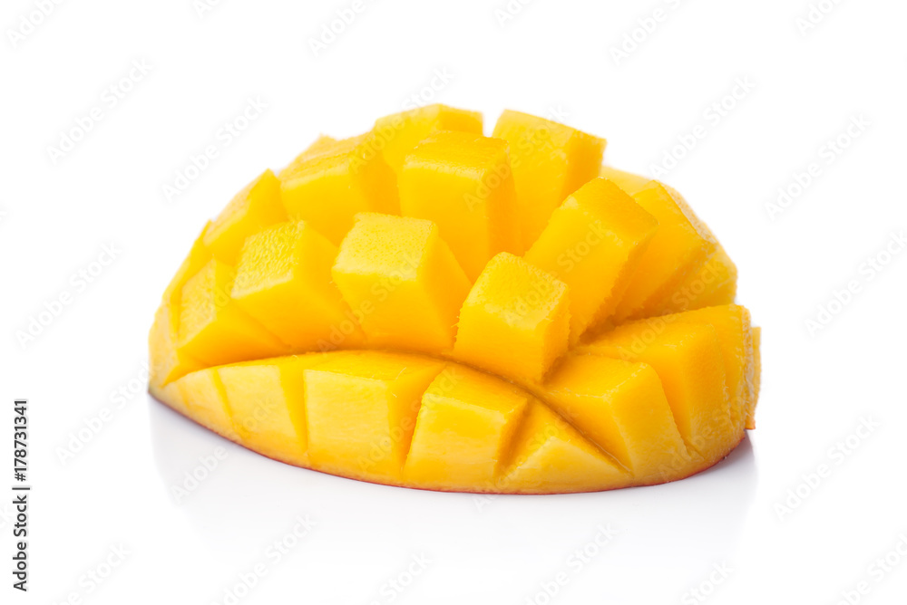 Chopped piece of ripe mango fruits isolated on white background Chopped piece of ripe mango fruits isolated on white background