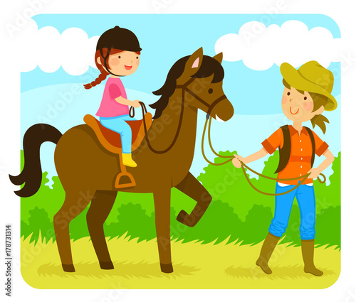 little girl riding a horse with an instructor
