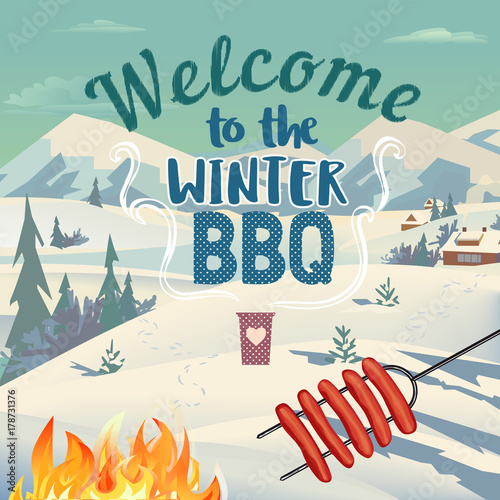 Winter outdoors concept. Cartoon retro style poster. Welcome invitation to barbecue picnic. Season holiday leisure banner background. Mountain lake snow valley. Flaming BBQ grill. Vector illustration