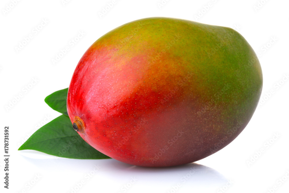 Ripe mango fruits with leaves isolated on white background Ripe mango fruits with leaves isolated on white background