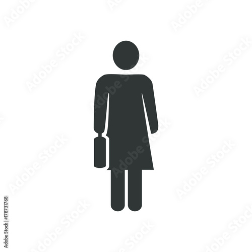 Business woman icon. Business woman black silhouette hold briefcase standing full length over white background