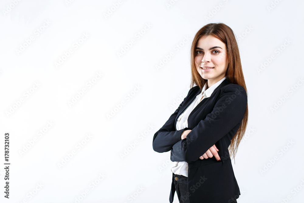 Confident brunette smiling businesswoman wears black jacket on white isolated background with copyspace Confident brunette smiling businesswoman wears black jacket on white isolated background with copyspace