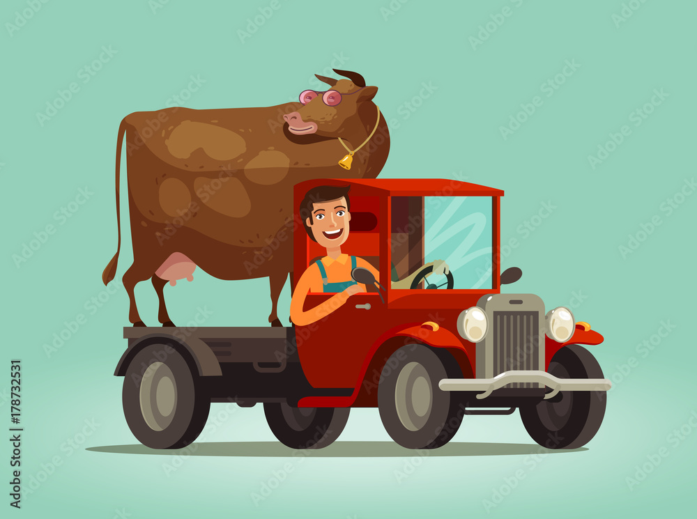 Happy farmer and cow rides on truck. Farming, farm, agriculture concept ...