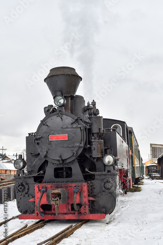 Running wood-burning locomotive of Mocanita ( Bucovina, Romania).