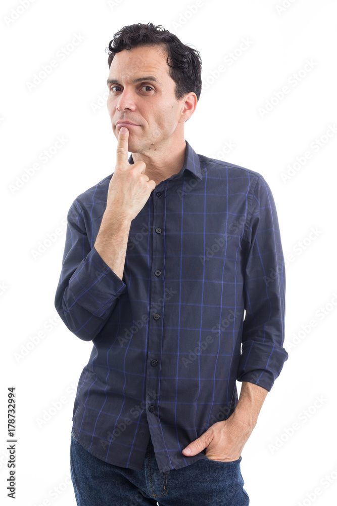 Consumer is pensive. The person is wearing dark blue social shirt. Isolated.. Consumer is pensive. The person is wearing dark blue social shirt. Isolated..