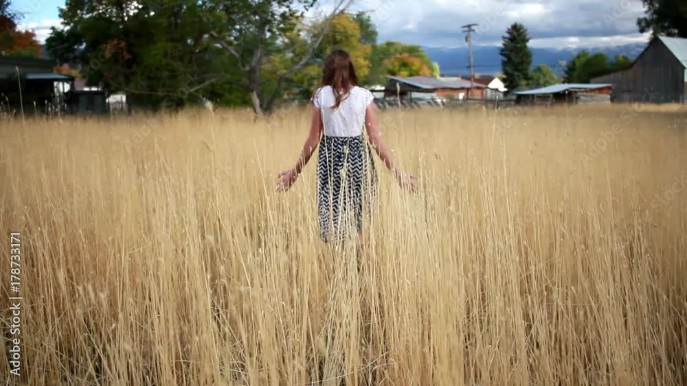 Cute girl walks through dry field Cute girl walks through dry field
