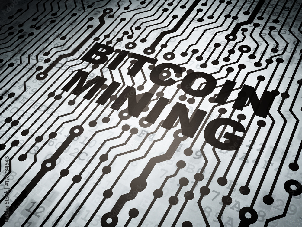Fototapeta premium Cryptocurrency concept: circuit board with word Bitcoin Mining, 3D rendering