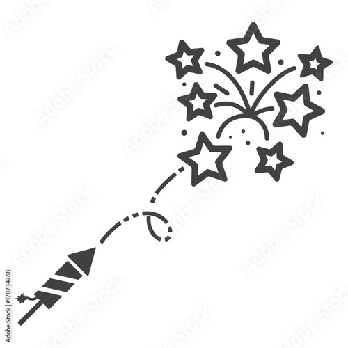 Fireworks launching and explosion in the sky line concept, outline vector sign
