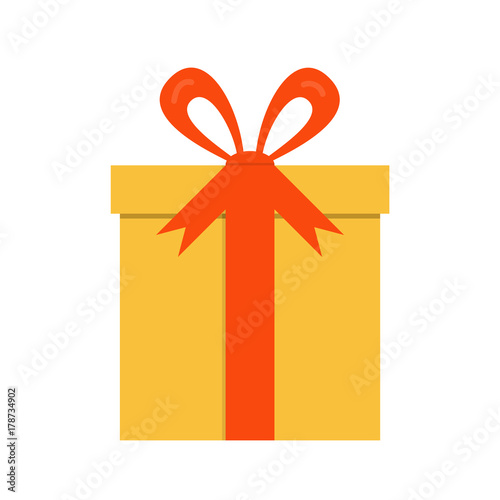 Closed gift box, surprise concept. Yellow square gift box with red ribbon
