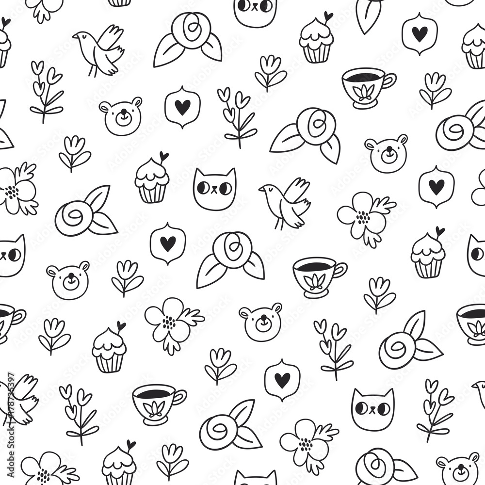 Doodle bear, cat and a bird outline pattern Doodle bear, cat and a bird outline pattern