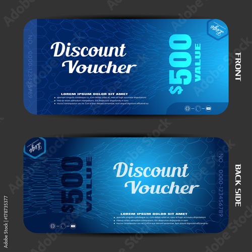 Vector gift voucher with hexagon pattern on the gradient blue background with shadow.