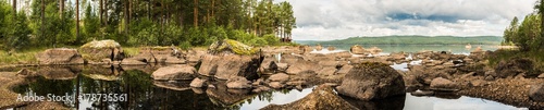 Panoramic view of small rocky bay at Ljugaren Lake in Dalarna, Sweden photo