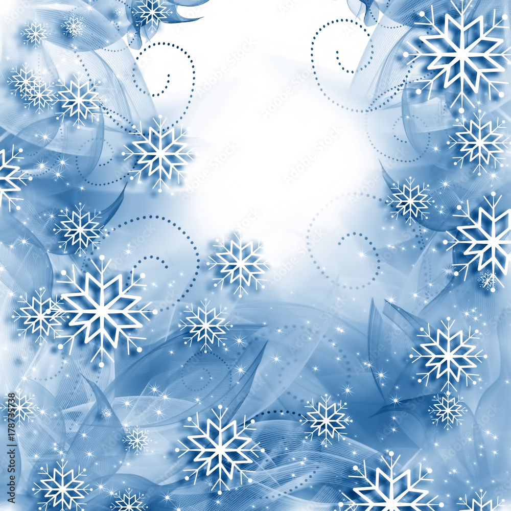 snowflakes and stars descending on background