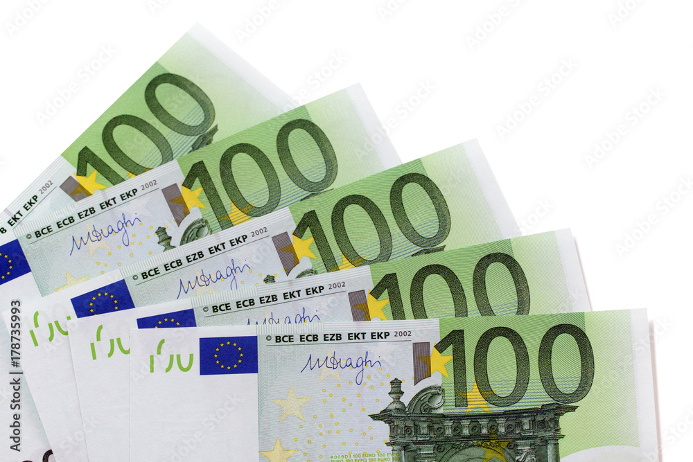 Euro 100 one hundred currency money bill or banknote several fan shape isolated on white background photo Euro 100 one hundred currency money bill or banknote several fan shape isolated on white background photo