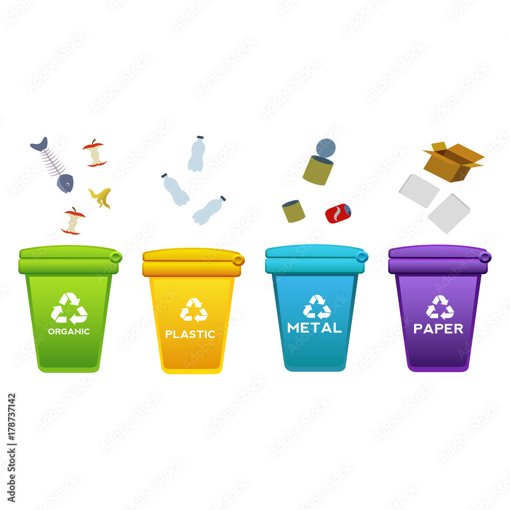 Trash can, out wheeled bin icon, throw garbage, waste, bottle, swing apple, paper, unnecessary things, to throw. Flat design, vector illustration, vector. Trash can, out wheeled bin icon, throw garbage, waste, bottle, swing apple, paper, unnecessary things, to throw. Flat design, vector illustration, vector.