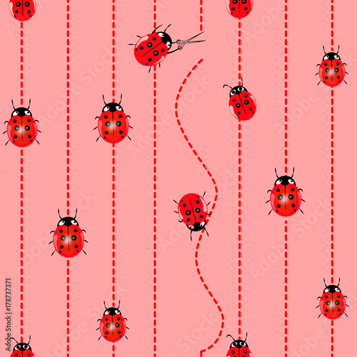ladybug seamless pattern. Seamless vector pattern with insects, chaotic background with bright close-up ladybugs, over light backdrop