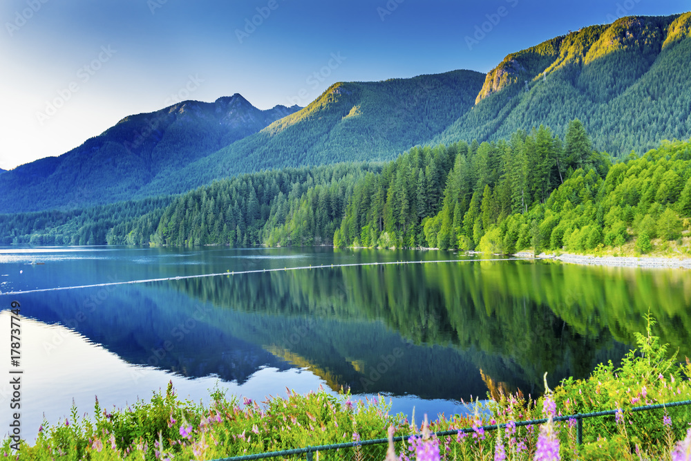 Fototapeta premium Capilano Reservoir Lake Green Mountains Vancouver, Kolumbia Brytyjska