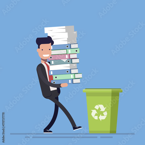 Businessman or manager throws paper documents into a trash can. The concept of rejection of paper carriers. Vector illustration in cartoon flat style.