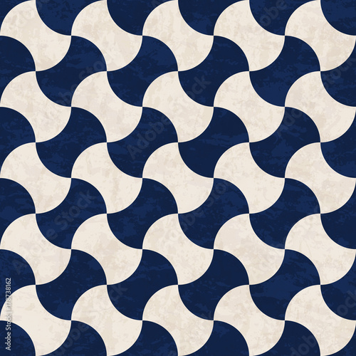 Abstract geometric mosaic pattern, marbled tiles in Moorish style, ink blue and cream white, textured seamless vector illustration