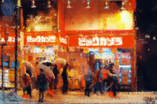 Canvas Print Japan. People walking on a street. Illustration. Painting