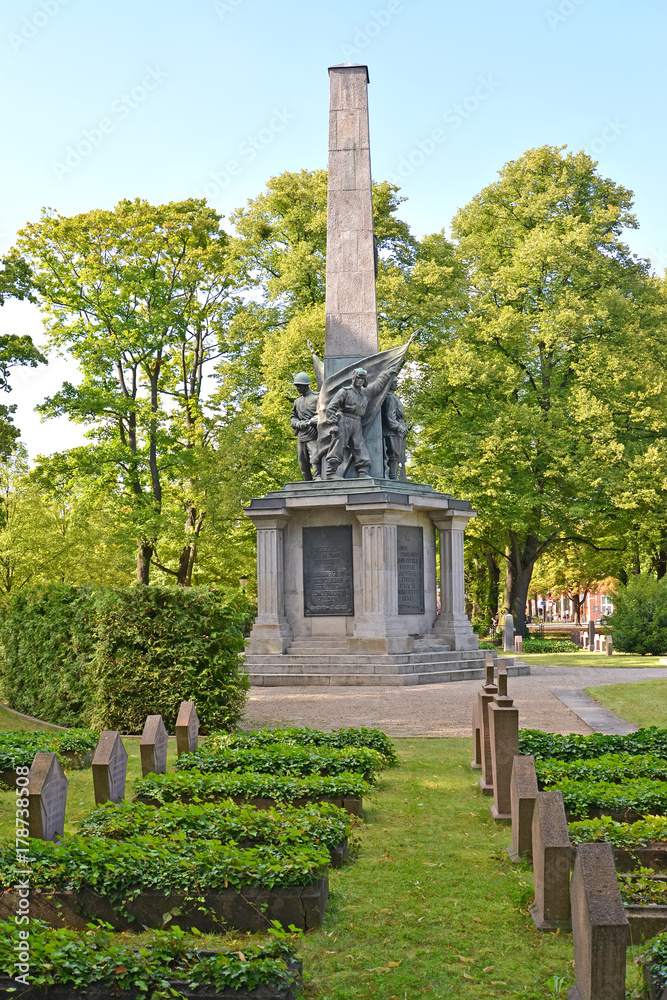 POTSDAM, GERMANY. A monument to the died Soviet soldiers at the memorial cemetery. Basseyn-plats Square