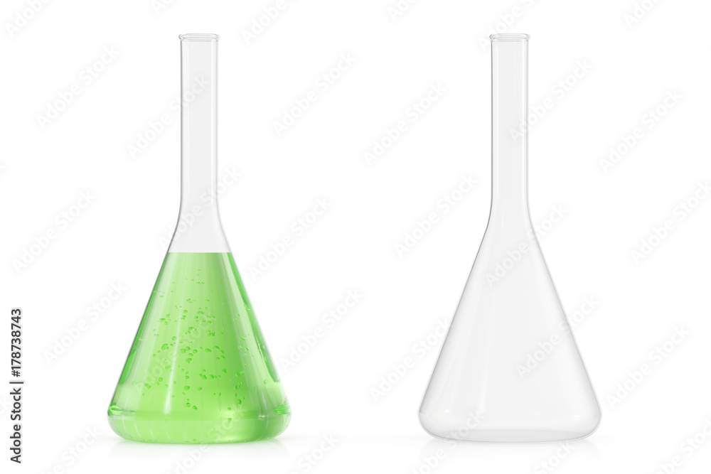 Chemistry flasks with colored liquid on white background. Science chemistry concept. Laboratory test tubes and flasks with colored liquids 3D rendering Chemistry flasks with colored liquid on white background. Science chemistry concept. Laboratory test tubes and flasks with colored liquids 3D rendering