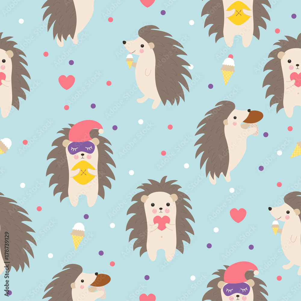 Hedgehog seamless pattern on blue background perfect for fabric and card. Cute cartoon animal. Child illustration. Hedgehog seamless pattern on blue background perfect for fabric and card. Cute cartoon animal. Child illustration.