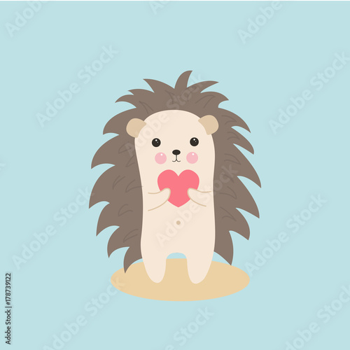 Greeting card Valentine's day. Cute hedgehog with a pink heart in paws photo