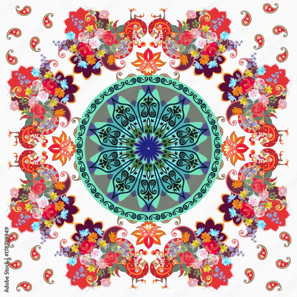 Square ornamental pattern with mandala, stylized peacocks, paisley and beautiful flowers. Napkin, rug, carpet, cushion. Indian, persian motives.