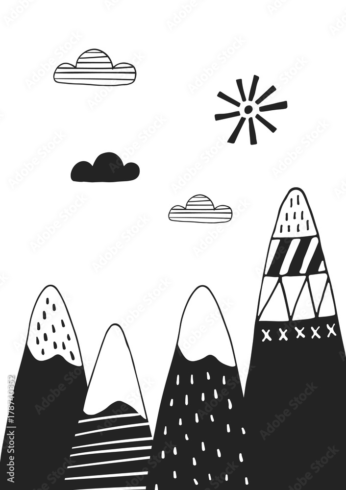 Fototapeta Cute hand drawn nursery poster with mountains in scandinavian style. Monochrome vector illustration