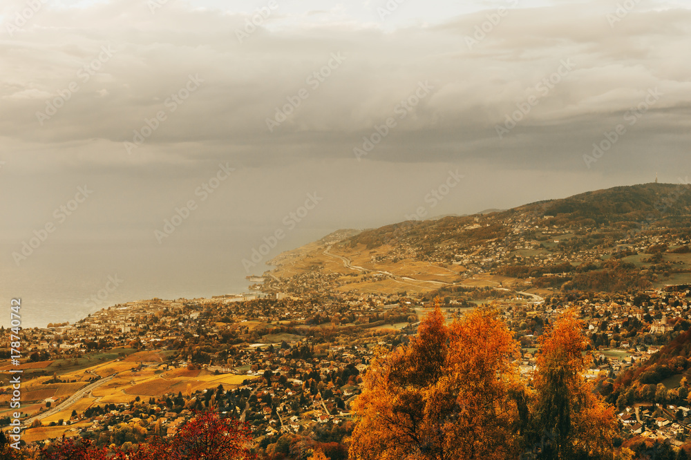 Amazing autumn landscape of Lavaux vineyards, swiss riviera, Lausanne area, canton of Vaud, Switzerland