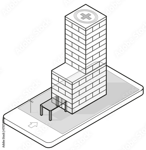 Isometric medical building in outlined mobile phone. Infographic element of hospital building in communication technology. Isometric clinic hospital. Isolated wire illustration master vector.