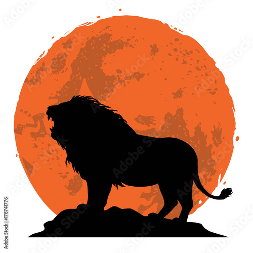 Fototapeta Naklejka Na Ścianę i Meble -  Lion Snarling on a Rock. Side View with Sunset Background. Vector Illustration 
