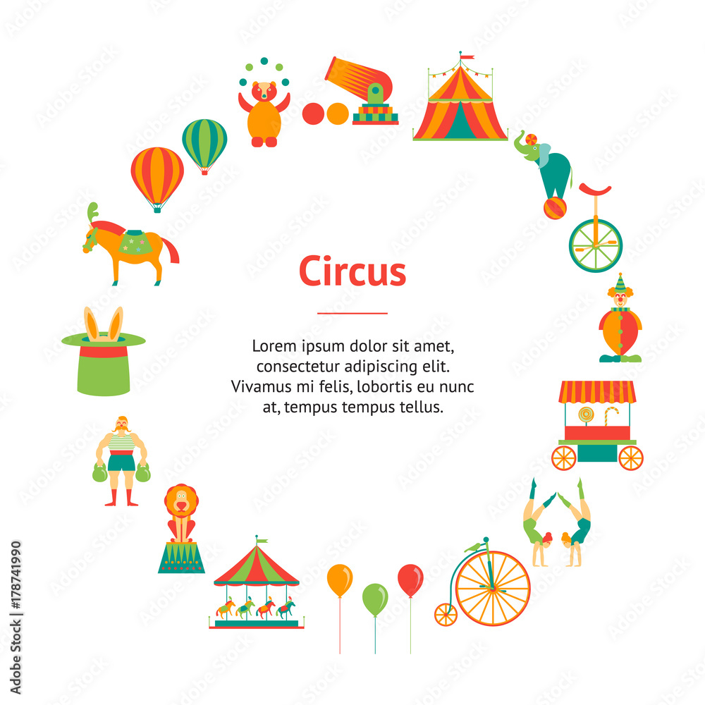 Naklejka premium Cartoon Circus Banner Card Circle. Vector