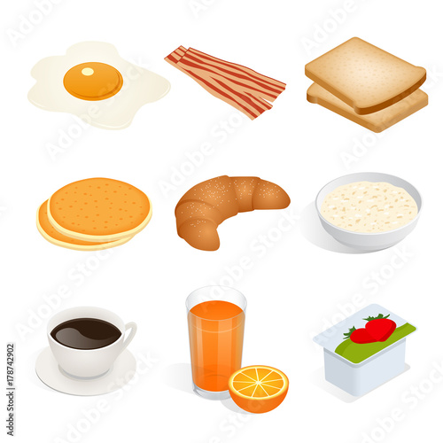 Set of isometric food scrambled eggs, yolk, breakfast, food, fast, delicious, bacon, bread, pancakes, croissant, oatmeal, coffee, tea, cup, orange, juice, yoghurt vector isolated on white background.