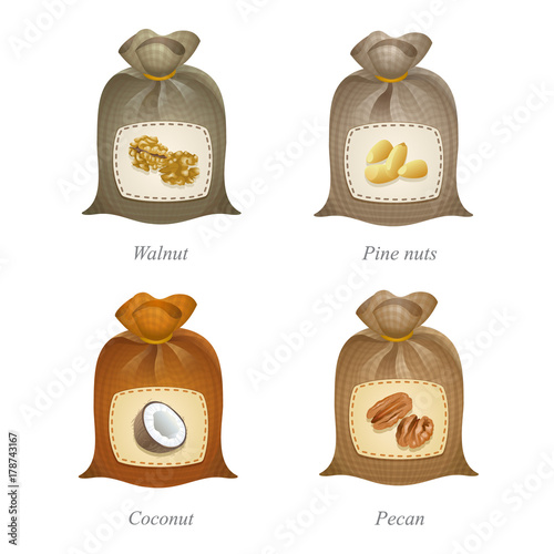 Tied sacks with nuts icons on them / Four tied sacks with walnut, pine nuts, coconut, pecan icons and names under them
