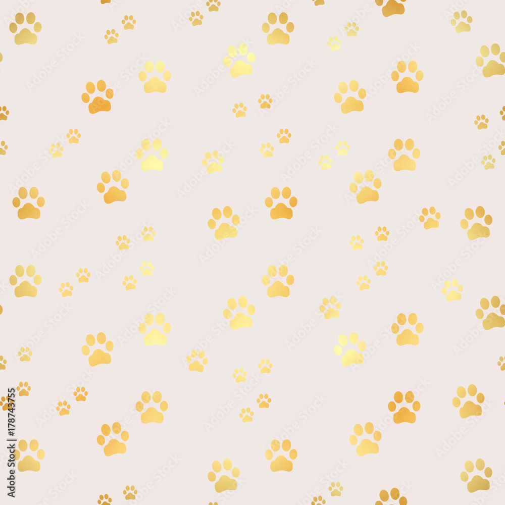 Gold Paw print seamless pattern. Seamless pattern of animal gold footprints. Dog paw print seamless pattern on gold background