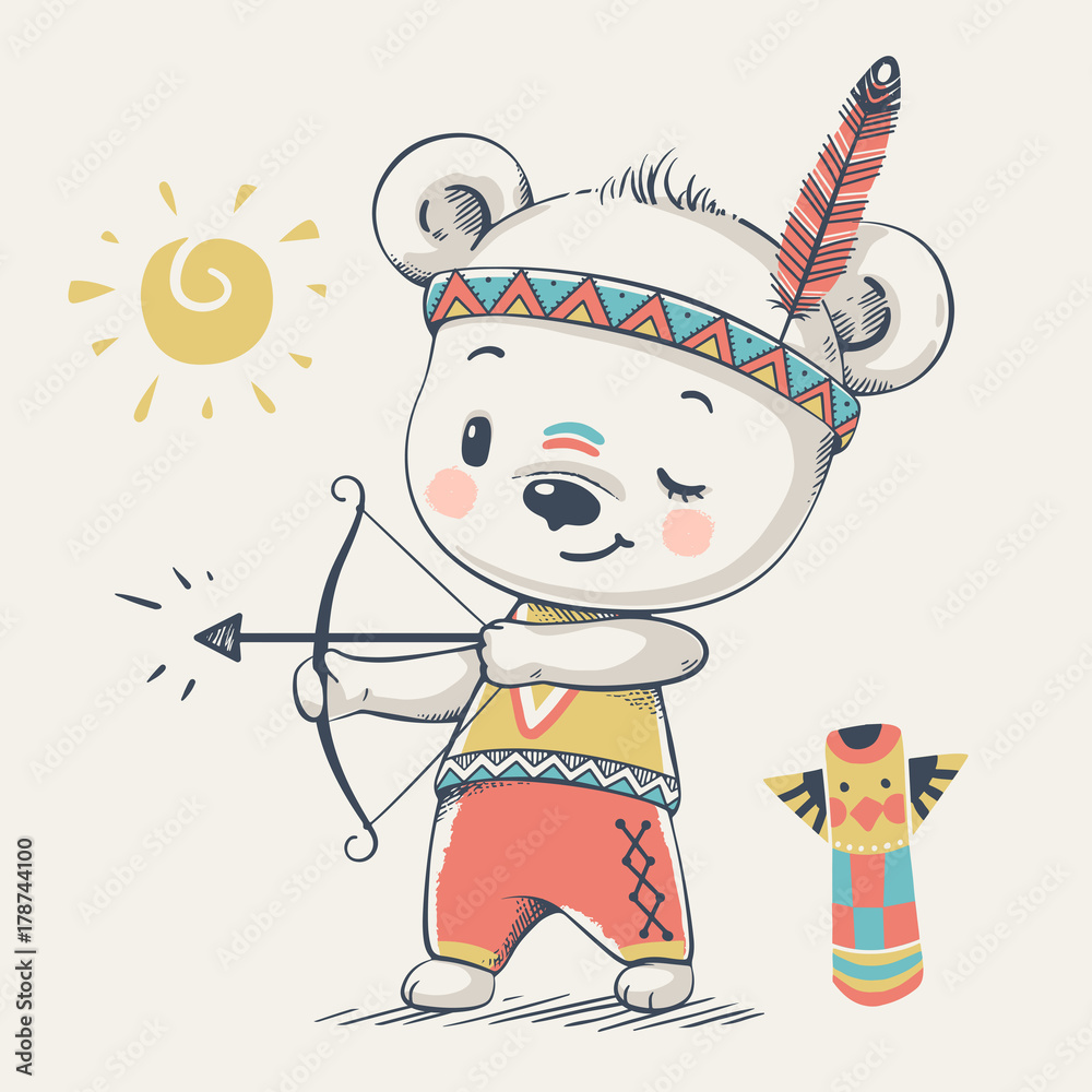 Obraz premium Słodki Miś Indian z łukiem i strzałami kreskówka ręcznie rysowane ilustracji wektorowych. Może być stosowany do nadruku na koszulce dla dzieci, projektowania modowego nadruku, odzieży dziecięcej, powitania z okazji urodzin baby shower i karty z zaproszeni