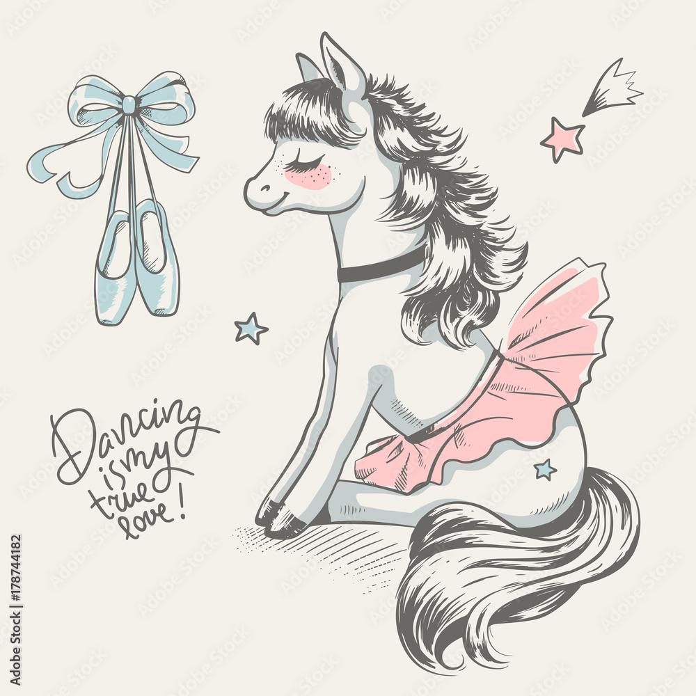 Cute little pony ballerina cartoon hand drawn vector illustration. Can be  used for baby t-shirt print, fashion print design, kids wear, baby shower  celebration greeting and invitation card. Stock Vector | Adobe