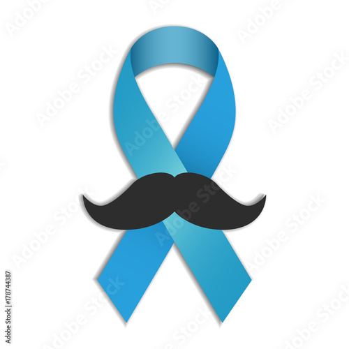 Blue ribbon with mustache and shadow isolated on white background for prostate cancer prevention or charity campaigns. Vector illustration of prostate cancer awareness month in november.