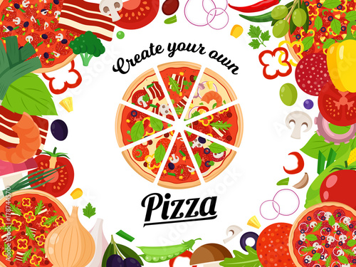 Vector pizza illustration with slices and many ingredients