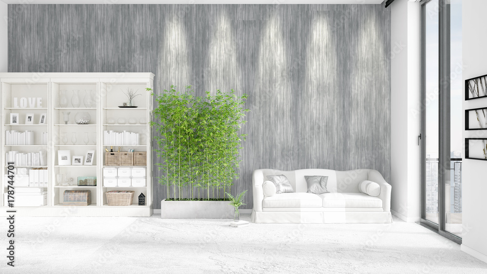 Modern interior in vogue with white couch and copyspace in horizontal arrangement. 3D rendering. Modern interior in vogue with white couch and copyspace in horizontal arrangement. 3D rendering.