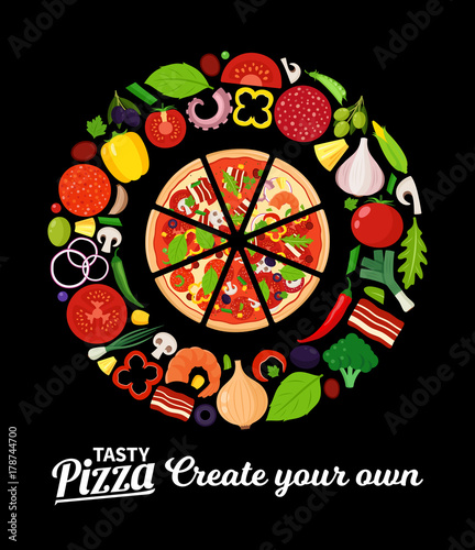 Vector pizza illustration with many ingredients
