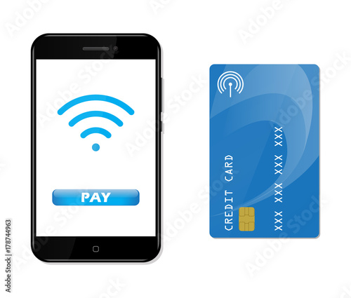 Wireless mobile payment. Wifi Mobile Pay. Smartphone with credit card. Contactless payment